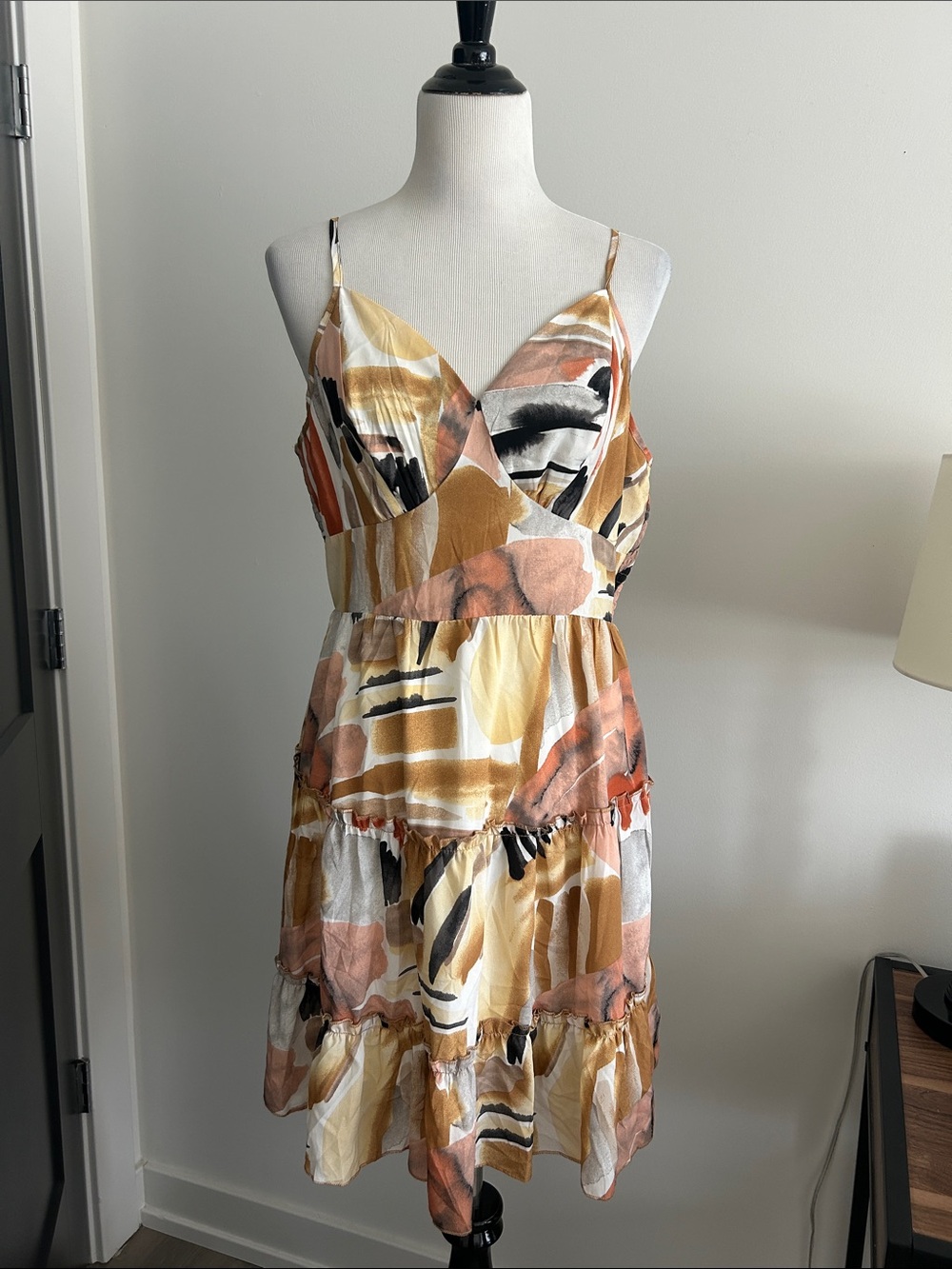 Elings L Abstract Print Tiered Sundress in Peach and Mustard